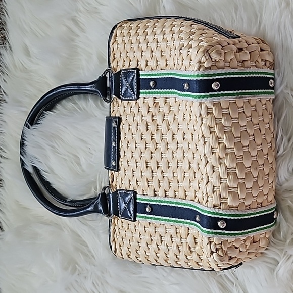 Chaps Tan Woven Purse with Navy Blue and Green Trim and Silver Tone Hardware - Picture 3 of 14